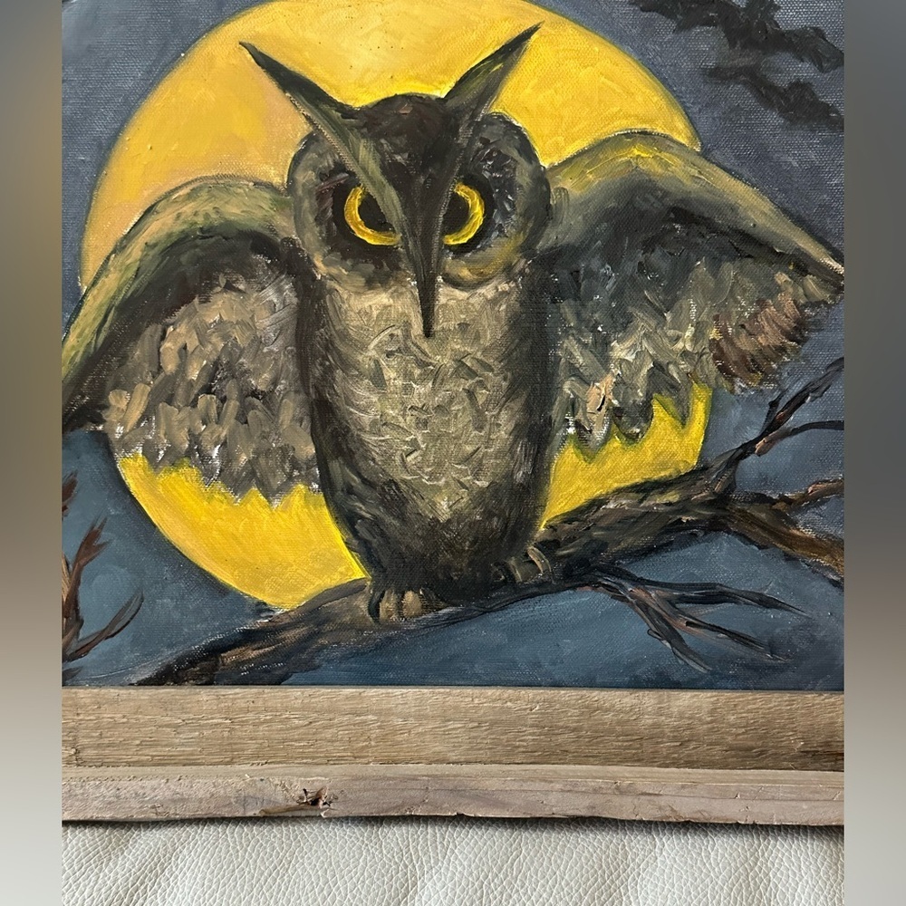 OIL PAINTING SIGNED Reclaimed Wood Framed Owl Painting With Yellow Moon Harvest - Picture 3 of 11
